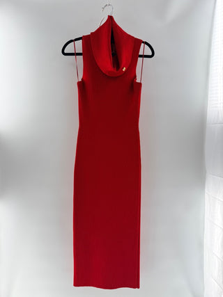 Balmain Red Sleeveless Ribbed Knit Dress