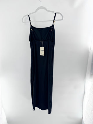 Vix Lilian cover up midi dress, featuring fitted silhouette and signature gold-tone hardware accents at shoulder straps, S