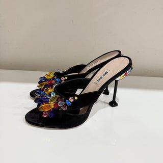 Miu Miu Crystal Embellished Metal Heel Satin Mules Heel Black Women's Size EU 41