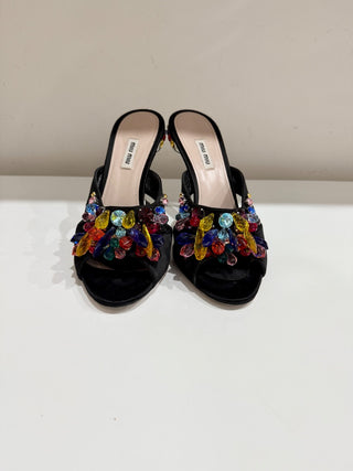 Miu Miu Crystal Embellished Metal Heel Satin Mules Heel Black Women's Size EU 41