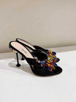 Miu Miu Crystal Embellished Metal Heel Satin Mules Heel Black Women's Size EU 41