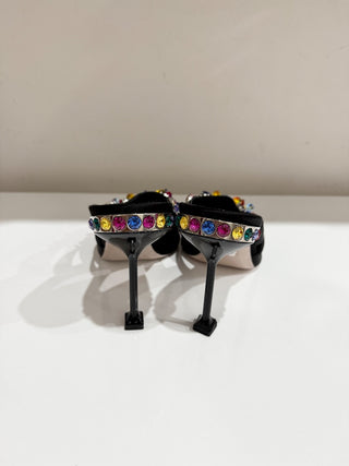 Miu Miu Crystal Embellished Metal Heel Satin Mules Heel Black Women's Size EU 41