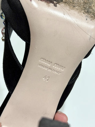 Miu Miu Crystal Embellished Metal Heel Satin Mules Heel Black Women's Size EU 41