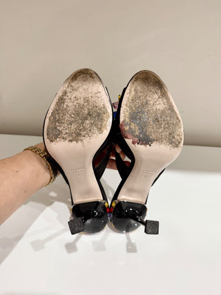 Miu Miu Crystal Embellished Metal Heel Satin Mules Heel Black Women's Size EU 41