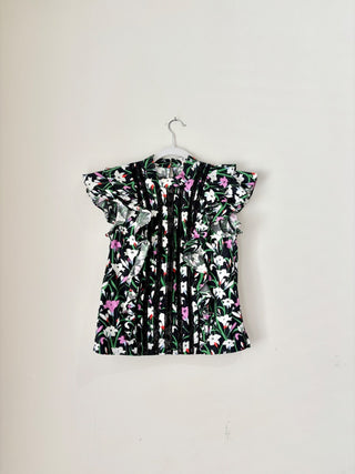 Veronica Beard black floral ruffle sleeve top cotton, 2