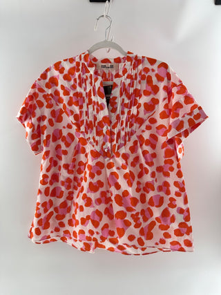 Diane von Furstenberg 100% Cotton Animal Print Pleated Blouse Orange White Small