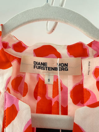 Diane von Furstenberg 100% Cotton Animal Print Pleated Blouse Orange White Small