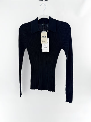 Theory slim rib polo sweater featuring fine rib-knit construction, collared neckline with a partial button placket, S