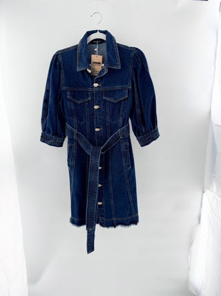 Beulah Puff Sleeve Button Front Belted Denim Midi Dress Medium Blue Women's Small