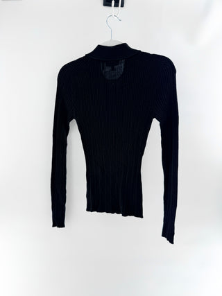 Theory slim rib polo sweater featuring fine rib-knit construction, collared neckline with a partial button placket, S