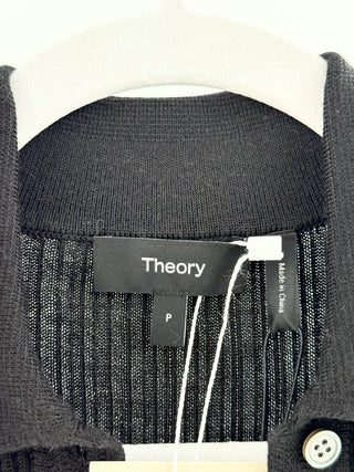 Theory slim rib polo sweater featuring fine rib-knit construction, collared neckline with a partial button placket, S