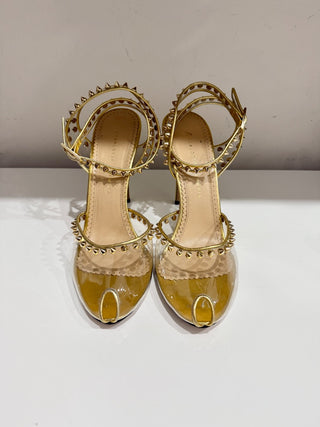 Charlotte Olympia Gold Studded PVC & Leather Soho Peep Toe Sandals Women's EU 42