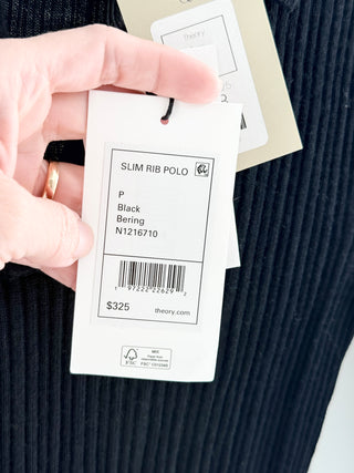 Theory slim rib polo sweater featuring fine rib-knit construction, collared neckline with a partial button placket, S