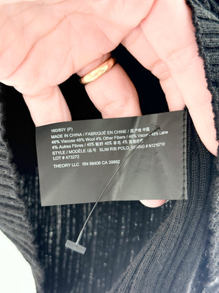 Theory slim rib polo sweater featuring fine rib-knit construction, collared neckline with a partial button placket, S