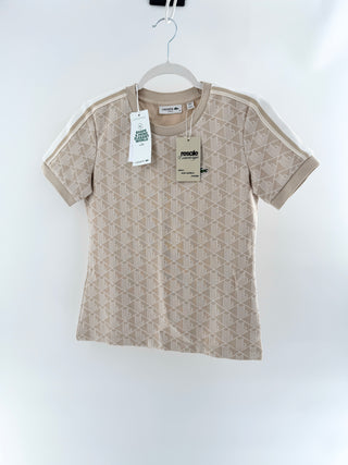 Lacoste slim-fit short sleeve T-shirt featuring an allover geometric monogram jacquard pattern, contrast stripe detailing along shoulder, 32