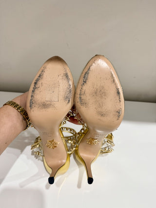 Charlotte Olympia Gold Studded PVC & Leather Soho Peep Toe Sandals Women's EU 42