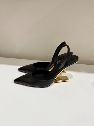 NWOT Fendi First 95 Leather Pointed Toe Slingback Pumps Black/Gold Women's EU 40