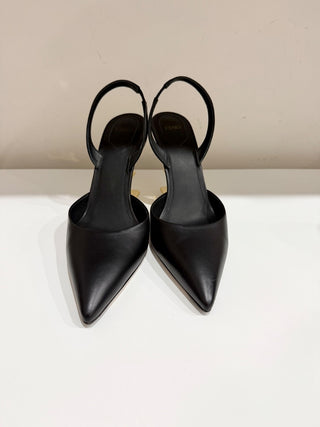 NWOT Fendi First 95 Leather Pointed Toe Slingback Pumps Black/Gold Women's EU 40