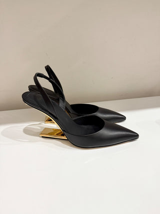 NWOT Fendi First 95 Leather Pointed Toe Slingback Pumps Black/Gold Women's EU 40
