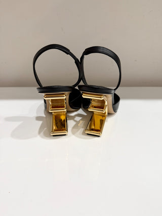 NWOT Fendi First 95 Leather Pointed Toe Slingback Pumps Black/Gold Women's EU 40