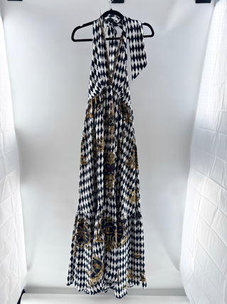 NWOT Camilla Monarchy Mania Crystal Ruffle Hem Halter Maxi Dress White Black S