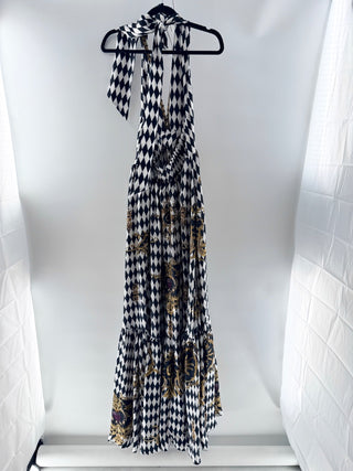 NWOT Camilla Monarchy Mania Crystal Ruffle Hem Halter Maxi Dress White Black S