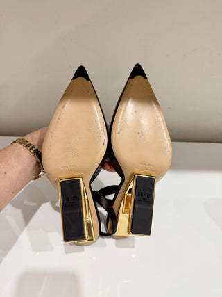 NWOT Fendi First 95 Leather Pointed Toe Slingback Pumps Black/Gold Women's EU 40