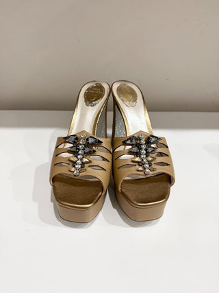 NWOT René Caovilla Leather Glitter Block Heel Slide Platform Sandals Beige EU 42