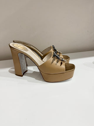 NWOT René Caovilla Leather Glitter Block Heel Slide Platform Sandals Beige EU 42
