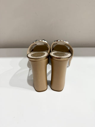 NWOT René Caovilla Leather Glitter Block Heel Slide Platform Sandals Beige EU 42