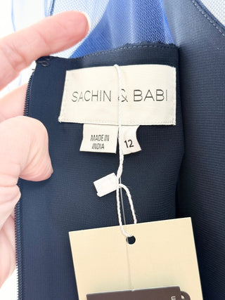 NWT Sachin & Babi Blakely Tulle Cap Sleeve Hi-Low Formal Dress Navy Women's 12