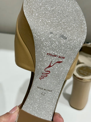 NWOT René Caovilla Leather Glitter Block Heel Slide Platform Sandals Beige EU 42