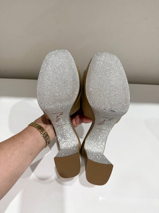 NWOT René Caovilla Leather Glitter Block Heel Slide Platform Sandals Beige EU 42