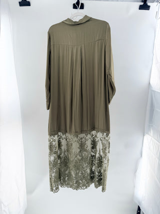 NWT Anthropologie Lace Mix Twofer Satin Shirt Maxi Dress Olive Green Women's XS