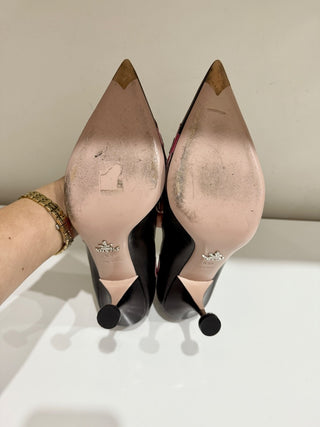 Prada Orchidea Nappa Leather Flower Fiori 85mm Pointed Toe Pump Black EU 40.5