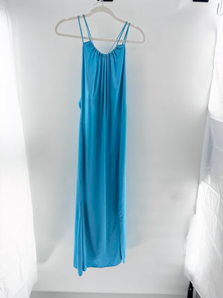Reiss Tallie Satin Sleeveless Gathered Halterneck Maxi Dress Blue Womens Size 10