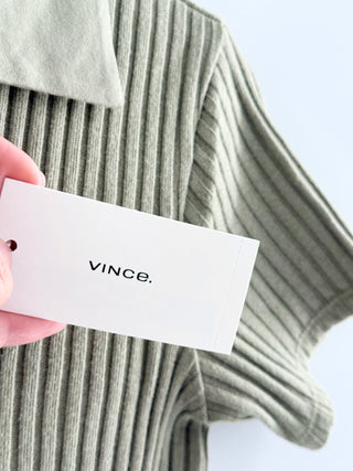 Vince short-sleeve sweater knit from soft ribbed fabric featuring relaxed polo collar and open V-neckline, XXS