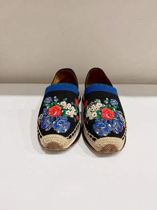 Tory Burch Daisy Slip On Espadrille Leather and Coated Canvas Navy Tea Rose 8.5