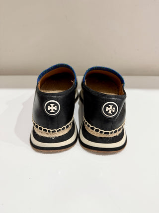 Tory Burch Daisy Slip On Espadrille Leather and Coated Canvas Navy Tea Rose 8.5