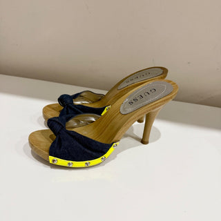 Guess Denim Slip On Wooden Mules Heels Brown/Blue with Yellow Trim Women Size 6