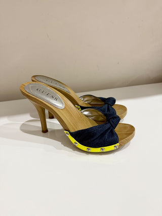 Guess Denim Slip On Wooden Mules Heels Brown/Blue with Yellow Trim Women Size 6