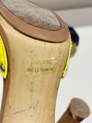 Guess Denim Slip On Wooden Mules Heels Brown/Blue with Yellow Trim Women Size 6