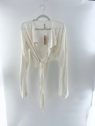 BOA printed satin short front tie blouse, L