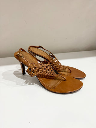 Ralph Lauren Leather Braided Slip On Thong Slingback Sandals Brown Womens Size 6