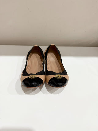 Tory Burch Jolie Two-tone Leather Cap Toe Ballet Flats Beige/Black Women's US 6