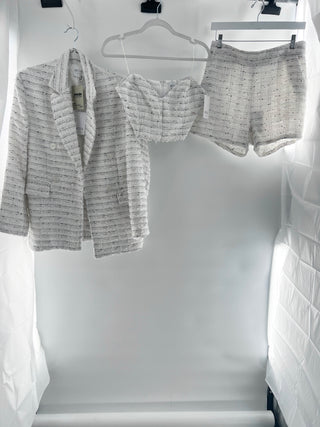 MISA 3 piece tweed set blazer crop top and shorts, M