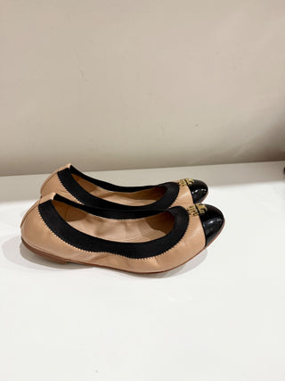 Tory Burch Jolie Two-tone Leather Cap Toe Ballet Flats Beige/Black Women's US 6