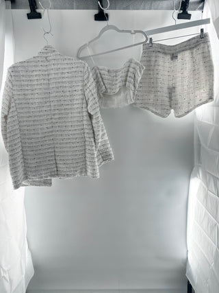 MISA 3 piece tweed set blazer crop top and shorts, M