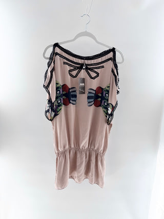 Custo Barcelona 100% Silk Lace Printed Cold Shoulder Blouson Tunic Pink Womens L