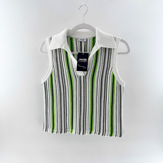Akris Punto Cotton Striped Sleeveless Collared Knit Polo Sweater White Green S